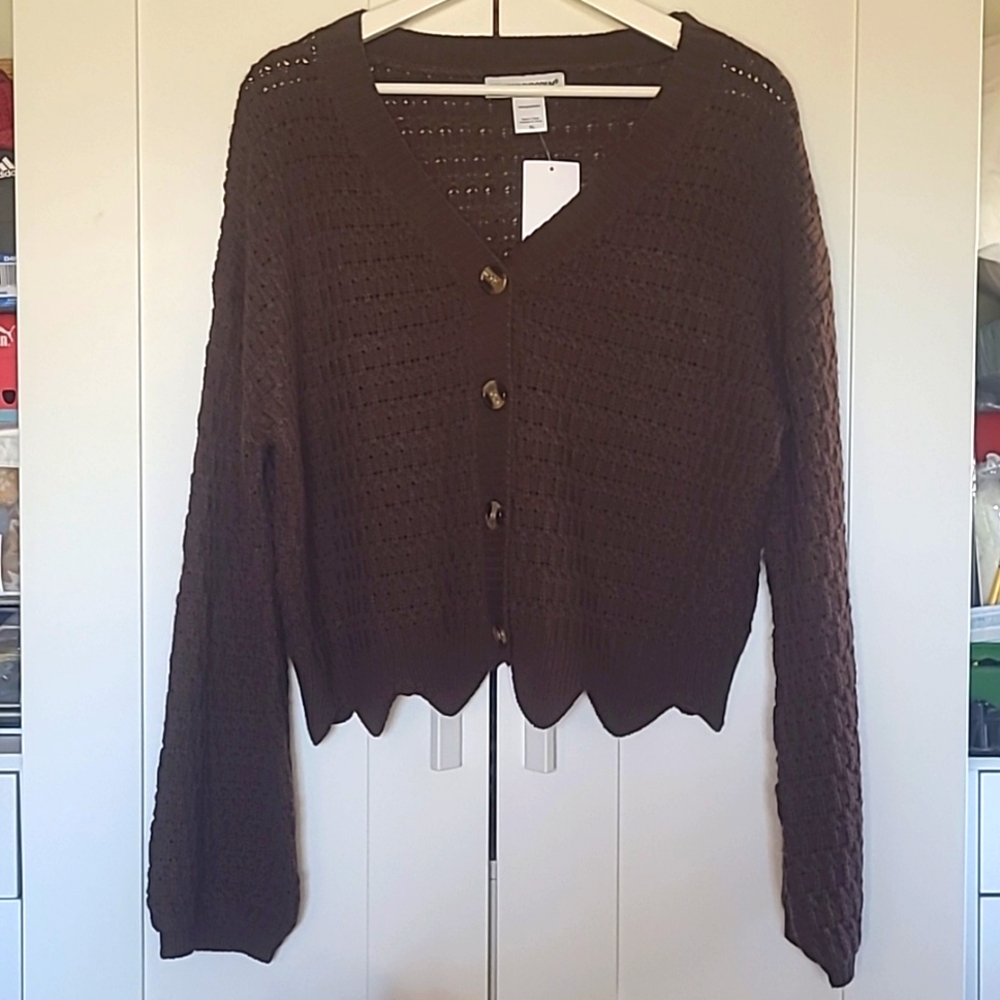 NWT Cotton Emporium Pointelle Crop Button-front Cardigan In Brown XL